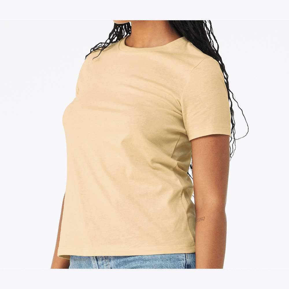 BELLA + CANVAS Women's Relaxed Fit Heather CVC Tee - Heather Soft Cream - On Model Side