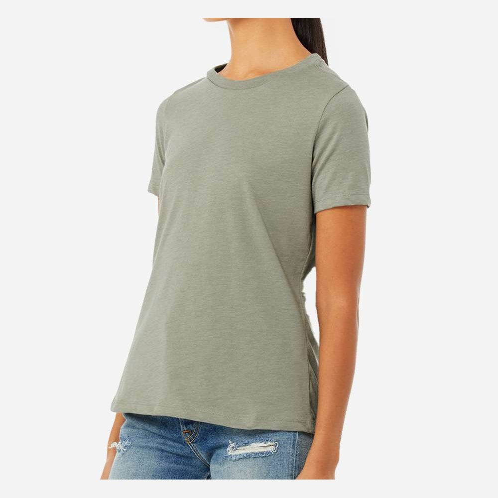 BELLA + CANVAS Women's Relaxed Fit Heather CVC Tee - Heather Stone - On Model Side