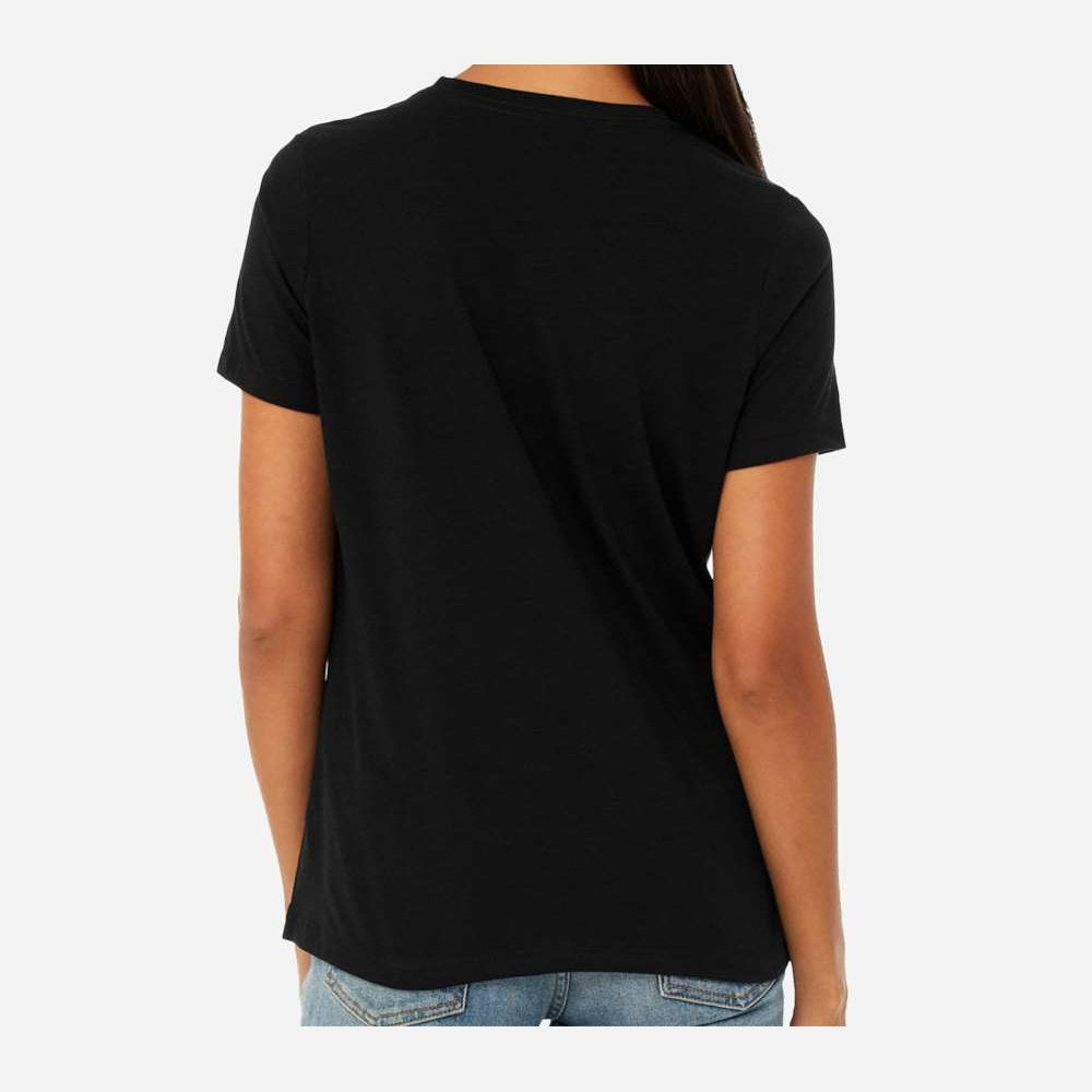 BELLA + CANVAS Women's Relaxed Fit Heather CVC Tee - Solid Black Blend - On Model Back