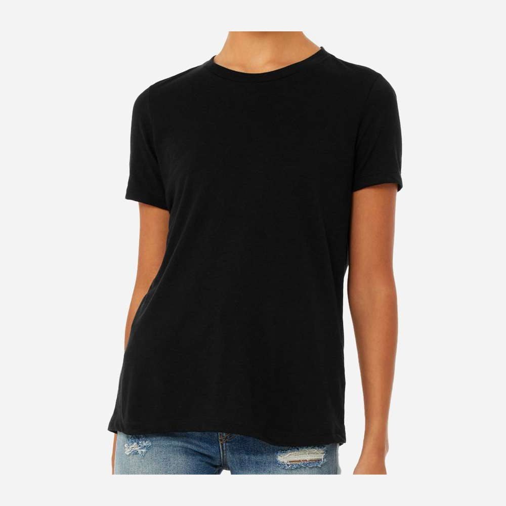 BELLA + CANVAS Women's Relaxed Fit Heather CVC Tee - Solid Black Blend - On Model Front