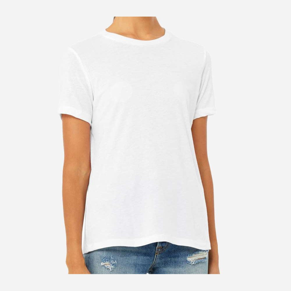 BELLA + CANVAS Women's Relaxed Fit Heather CVC Tee - Solid White Blend - On Model Front