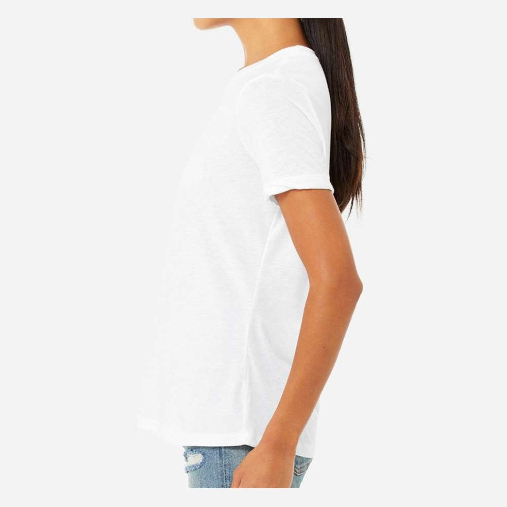 BELLA + CANVAS Women's Relaxed Fit Heather CVC Tee - Solid White Blend - On Model Side