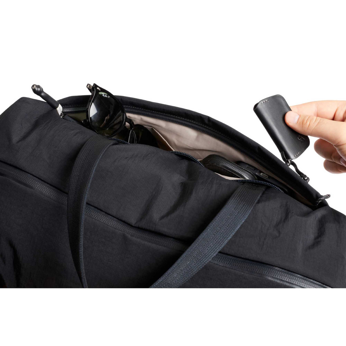 Bellroy Lite Packable Duffel Bag in Recycled Ripstop Transfer - Black - Left Angle Detail