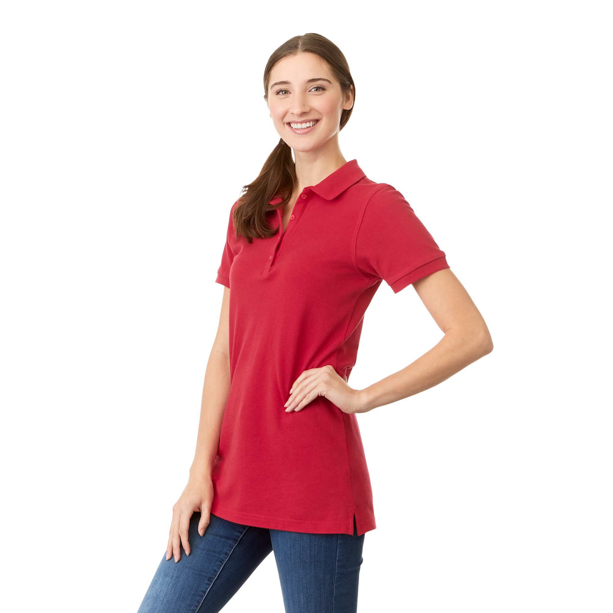 Belmont Cotton Pique Polo for Women Transfer - Team Red - On Model