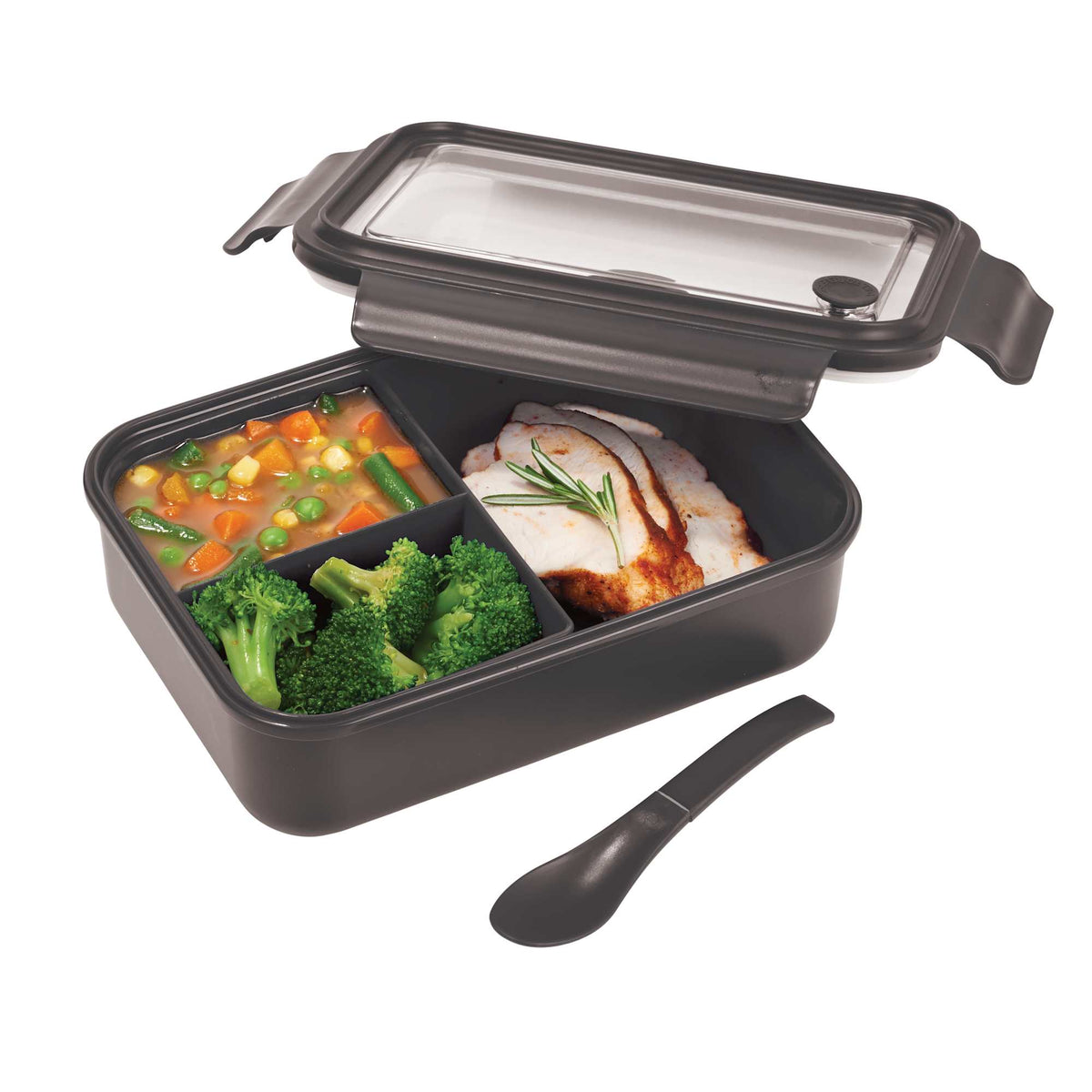 Bento Lunch Box with Three Compartments and Folding Spoon - Black - Front