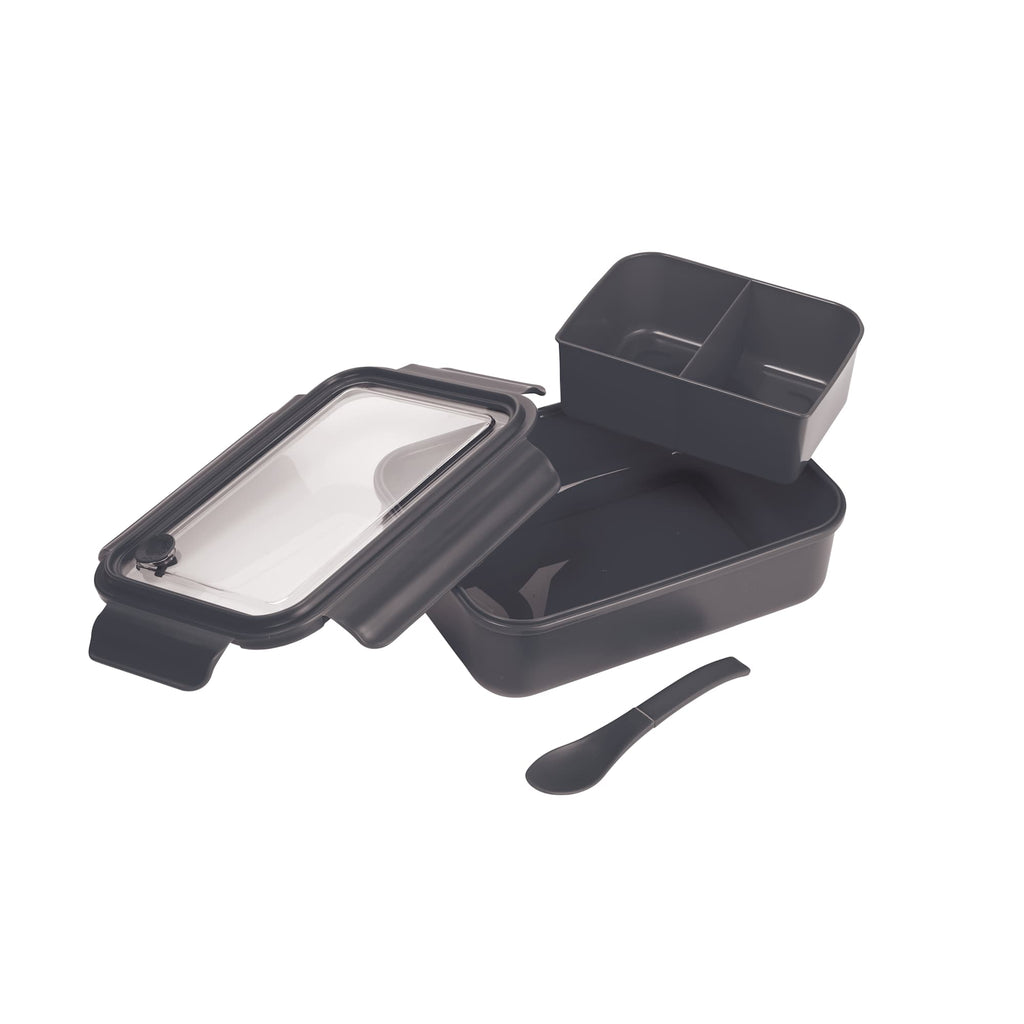 Bento Lunch Box with Three Compartments and Folding Spoon - Black - Photo 3