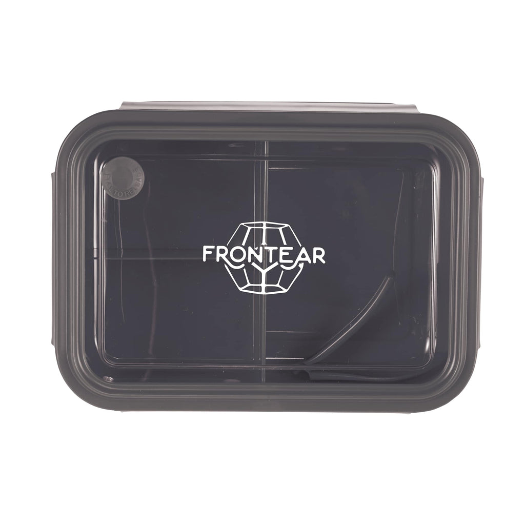 Bento Lunch Box with Three Compartments and Folding Spoon - Black - Photo