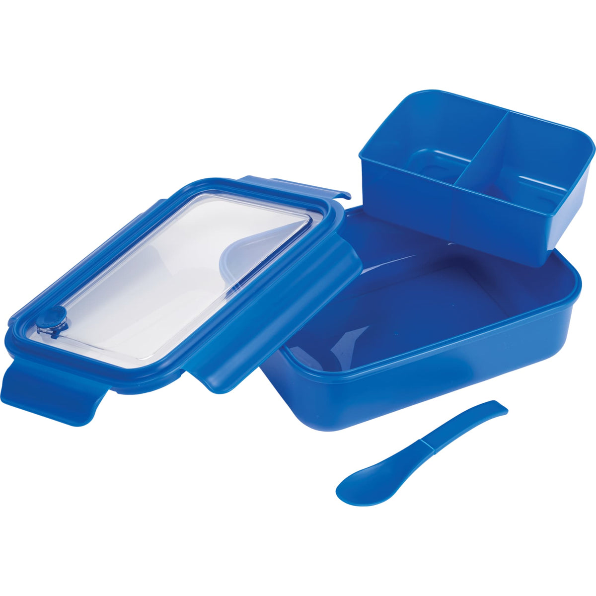 Bento Lunch Box with Three Compartments and Folding Spoon - Blue - Photo 4