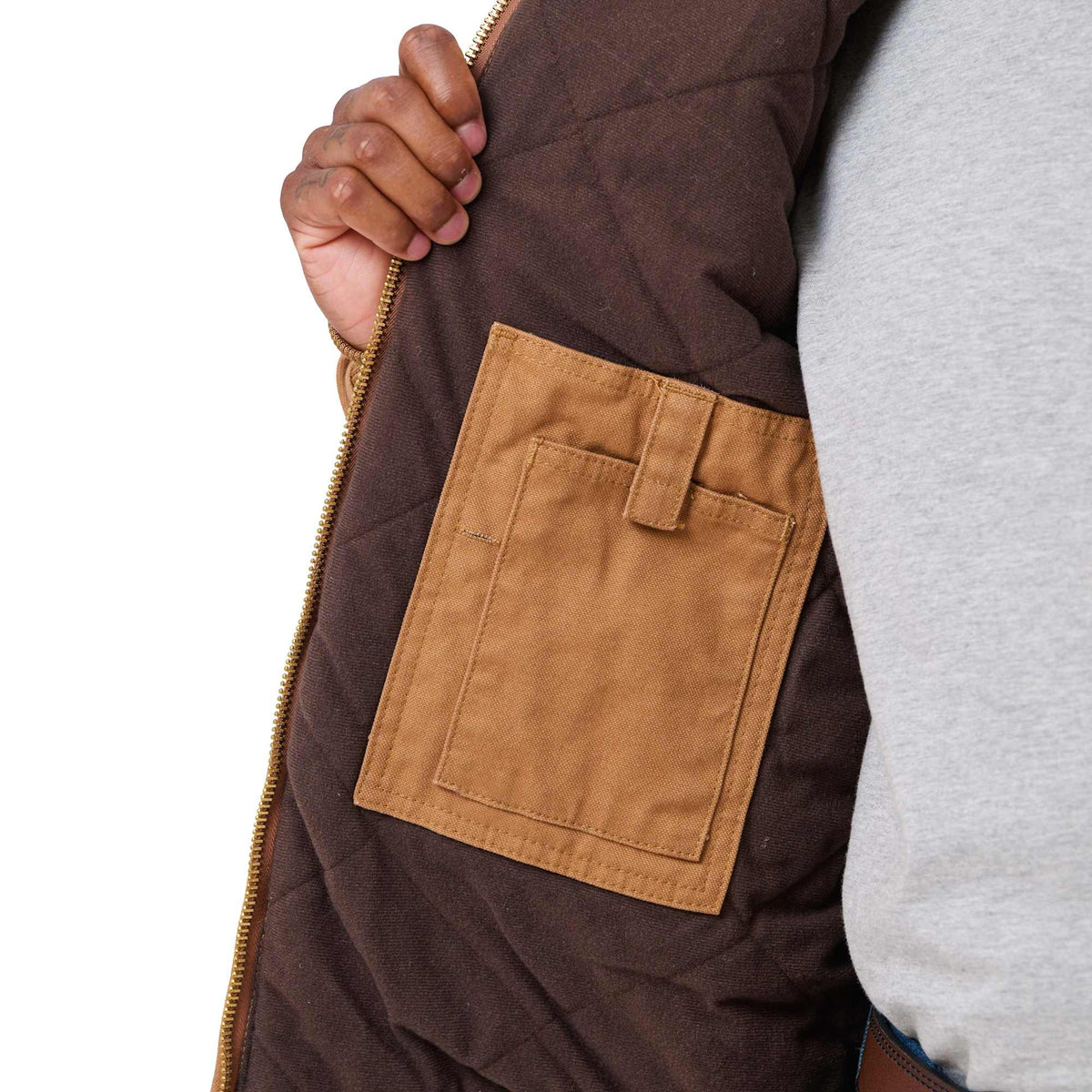 Berne Heartland Washed Duck Hooded Work Jacket for Men Embroidery - Brown - Front On Model
