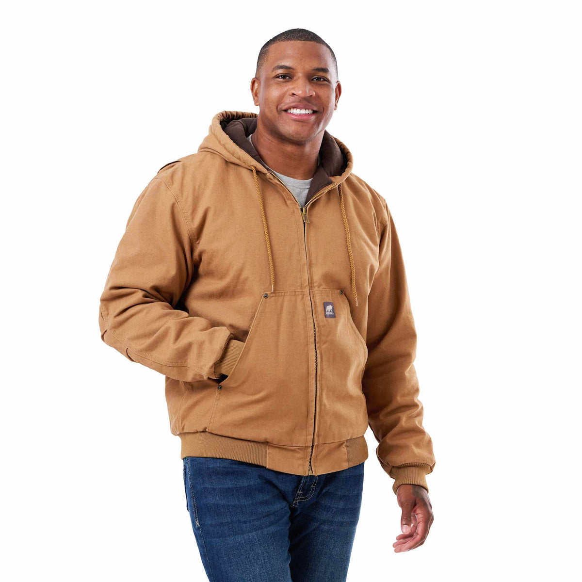 Berne Heartland Washed Duck Hooded Work Jacket for Men Transfer - Brown - Front On Model 2