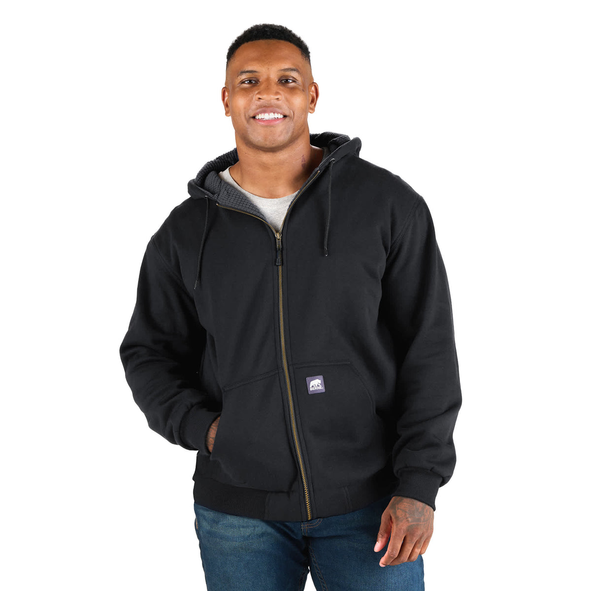 Berne Heritage Full Zip Hoodie with Grid Fleece Lining for Men Embroidery - Black - Front On Model 2
