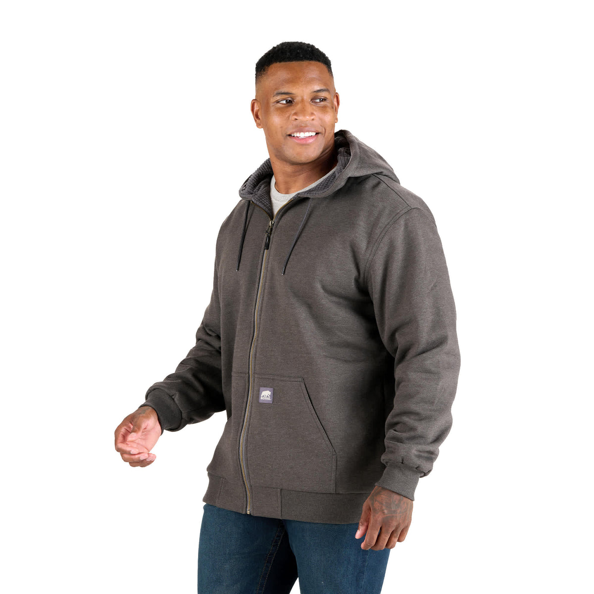Berne Heritage Full Zip Hoodie with Grid Fleece Lining for Men Embroidery - Graphite - Front On Model 3