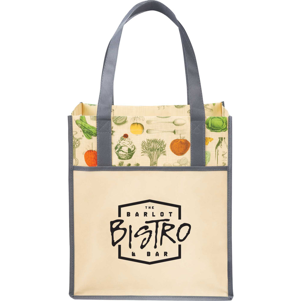 Big Grocery Tote with Vintage Kitchen Print, Matte Laminated - Natural - Front