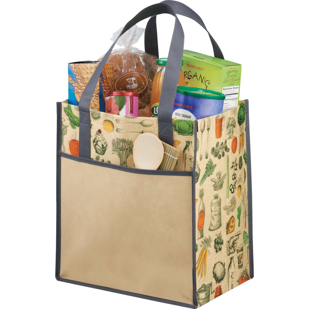 Big Grocery Tote with Vintage Kitchen Print, Matte Laminated - Natural - Left Angle