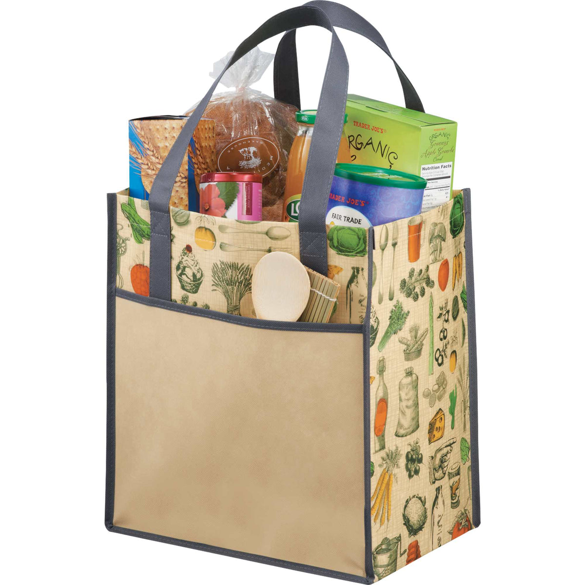 Big Grocery Tote with Vintage Kitchen Print, Matte Laminated - Natural - Left Angle
