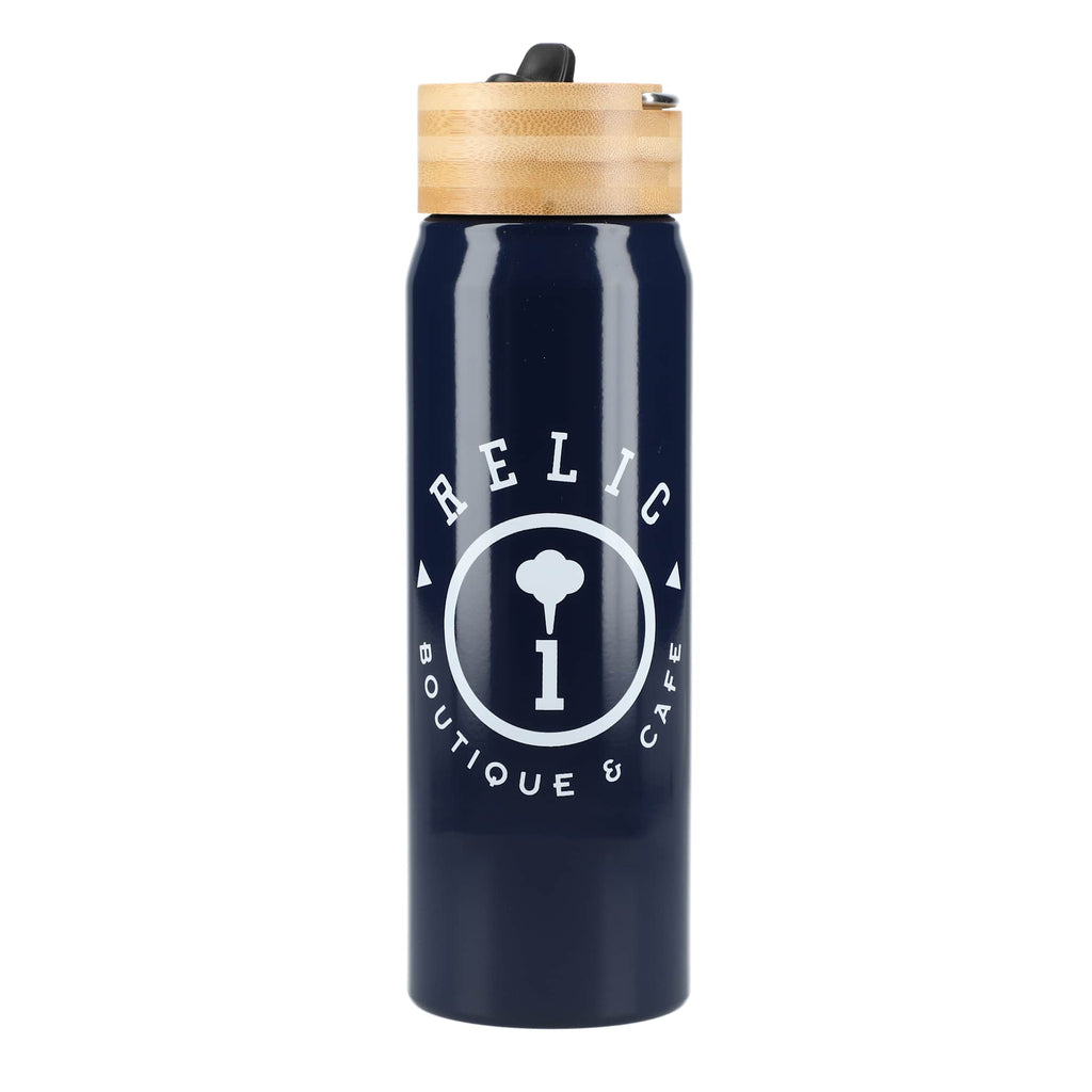 Billy Recycled Aluminum Straw Bottle with Bamboo Lid, 26 oz - Navy - Front 2