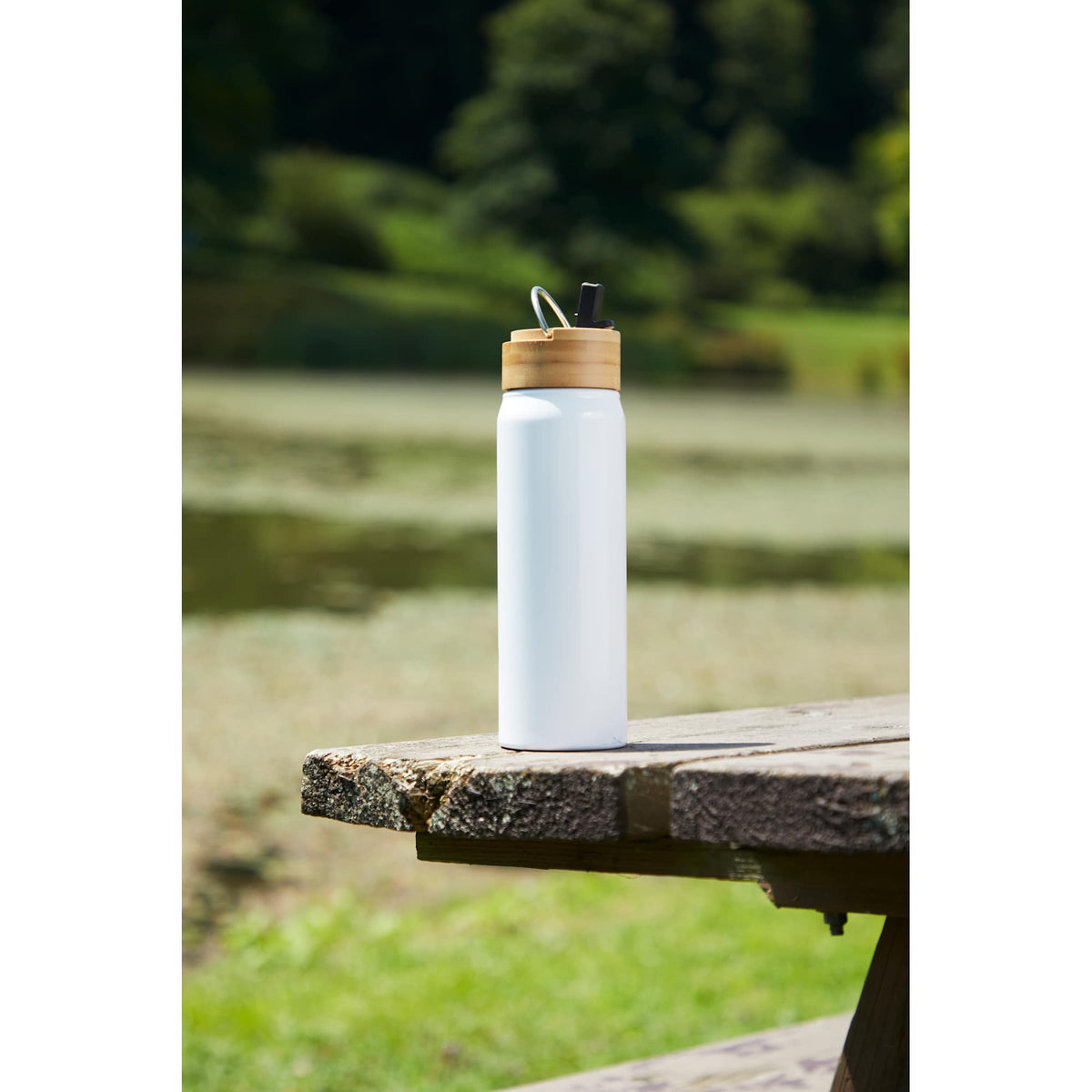 Billy Recycled Aluminum Straw Bottle with Bamboo Lid, 26 oz - White - On Model 2