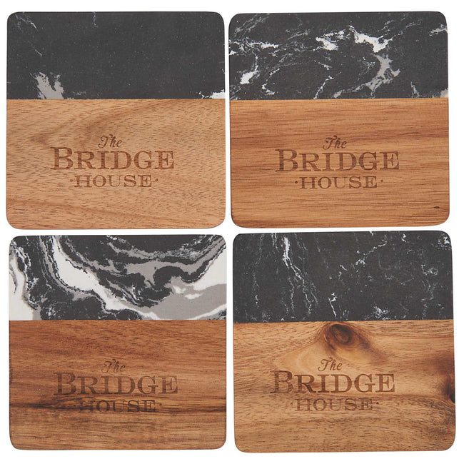 Black Marble and Acacia Wood Coasters, Set of 4 Laser Engraving