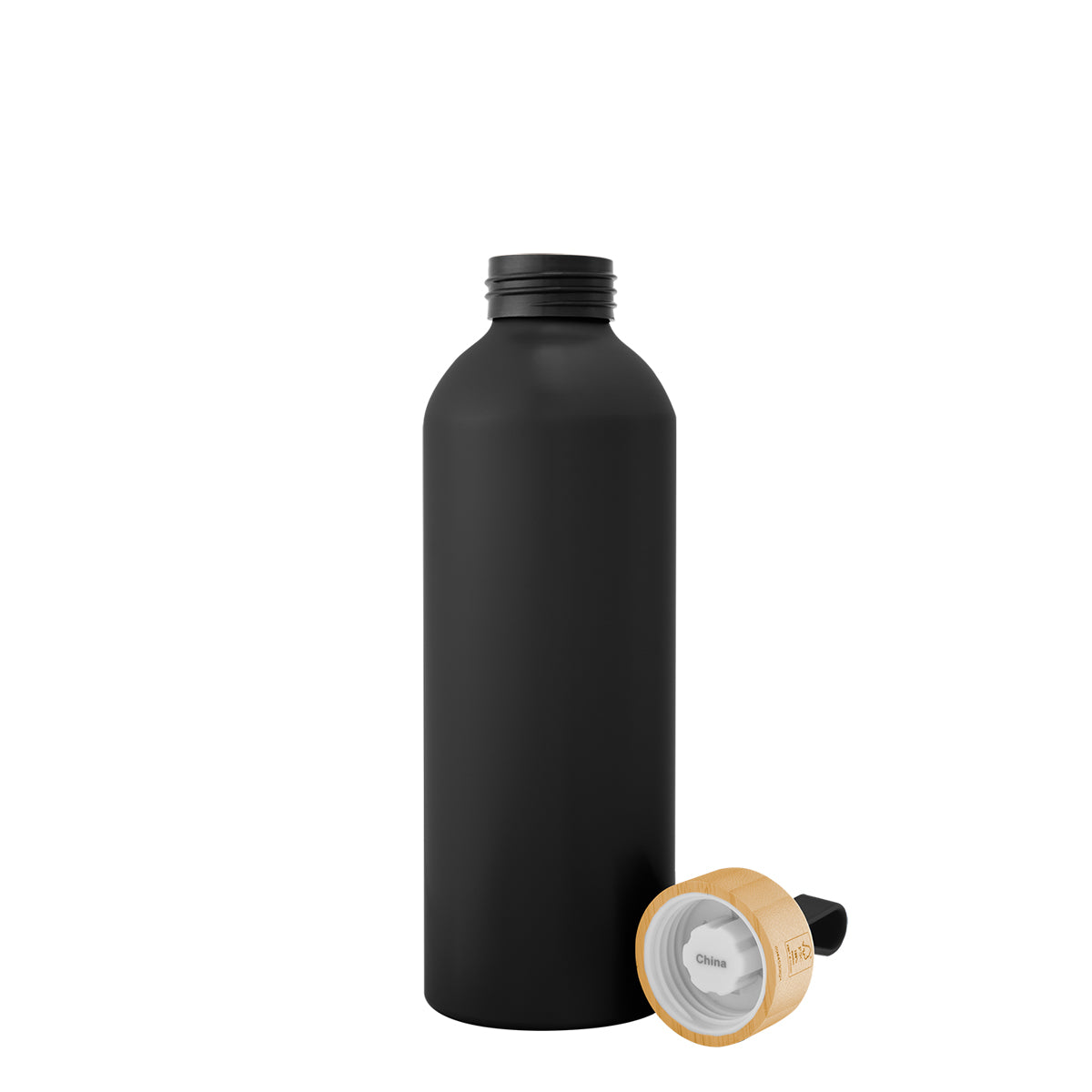 Blaire Recycled Aluminum Bottle, Bamboo Lid and Handle, 25 oz - Black - Open