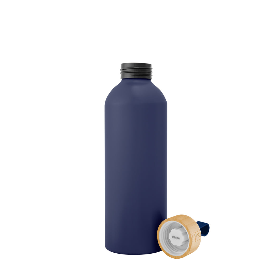 Blaire Recycled Aluminum Bottle, Bamboo Lid and Handle, 25 oz - Navy - Open