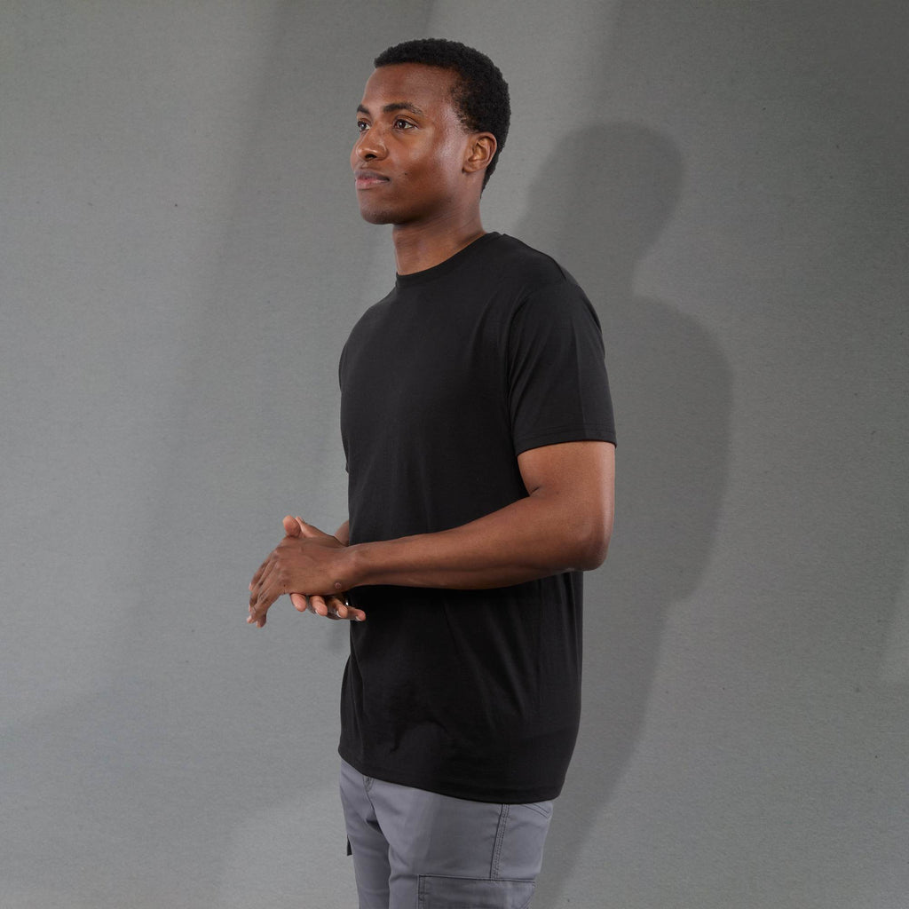 Bodie Crew Neck Short Sleeve Tee for Men Embroidery - Black - Left Side On Model