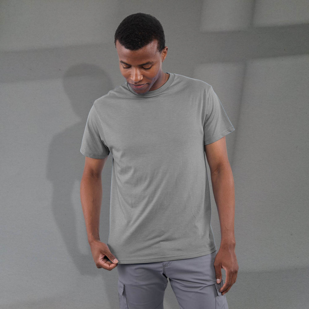Bodie Crew Neck Short Sleeve Tee for Men Embroidery - Medium Heather Grey - Front On Model