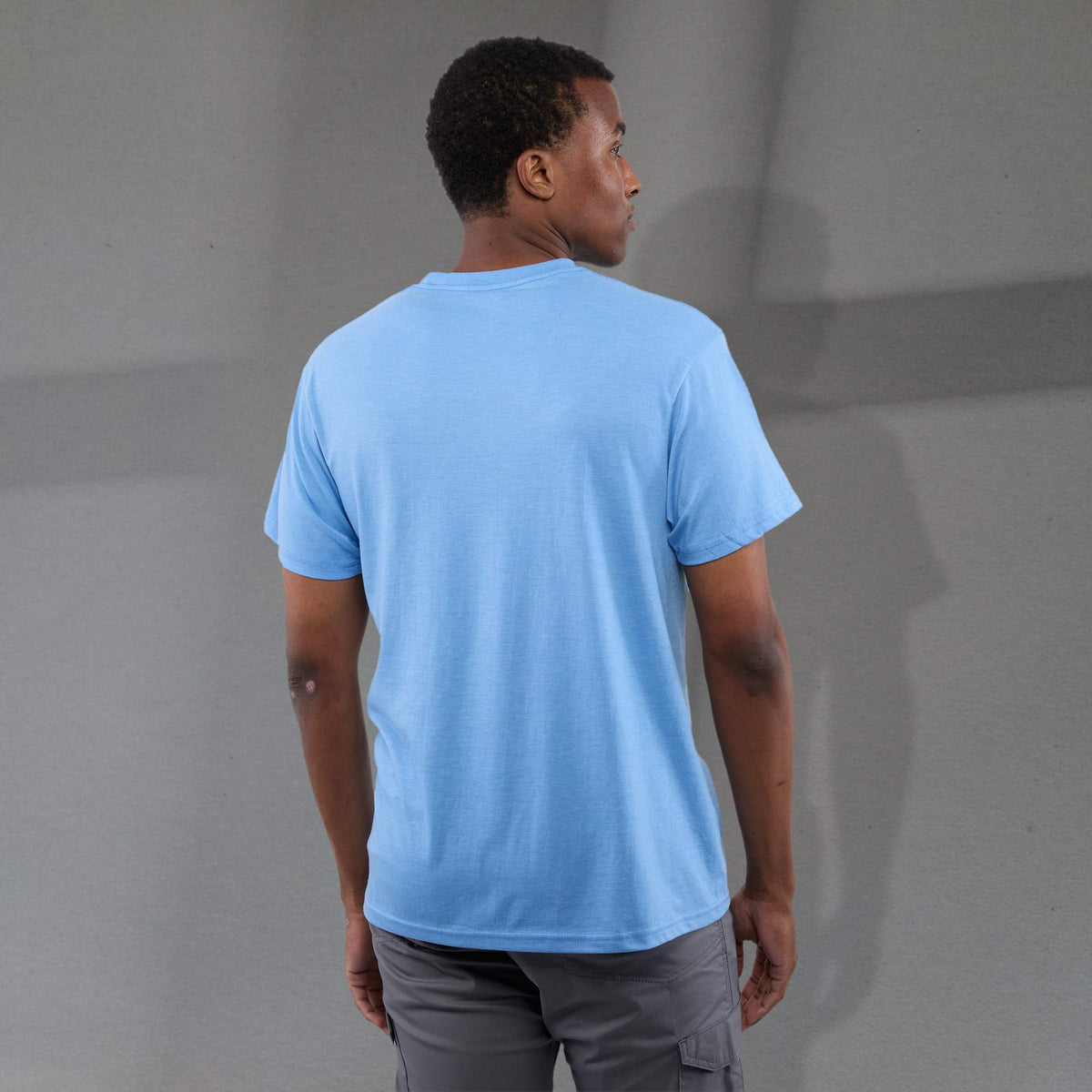 Bodie Crew Neck Short Sleeve Tee for Men Embroidery - Sky Heather - Back On Model