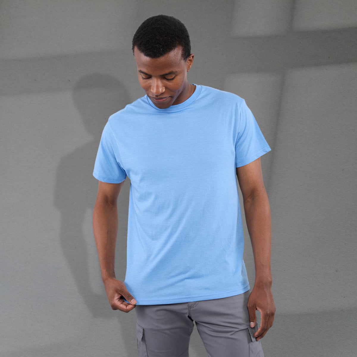 Bodie Crew Neck Short Sleeve Tee for Men Embroidery - Sky Heather - Front On Model