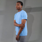 Bodie Crew Neck Short Sleeve Tee for Men Embroidery - Sky Heather - Left Side On Model