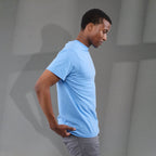 Bodie Crew Neck Short Sleeve Tee for Men Embroidery - Sky Heather - Right Side On Model