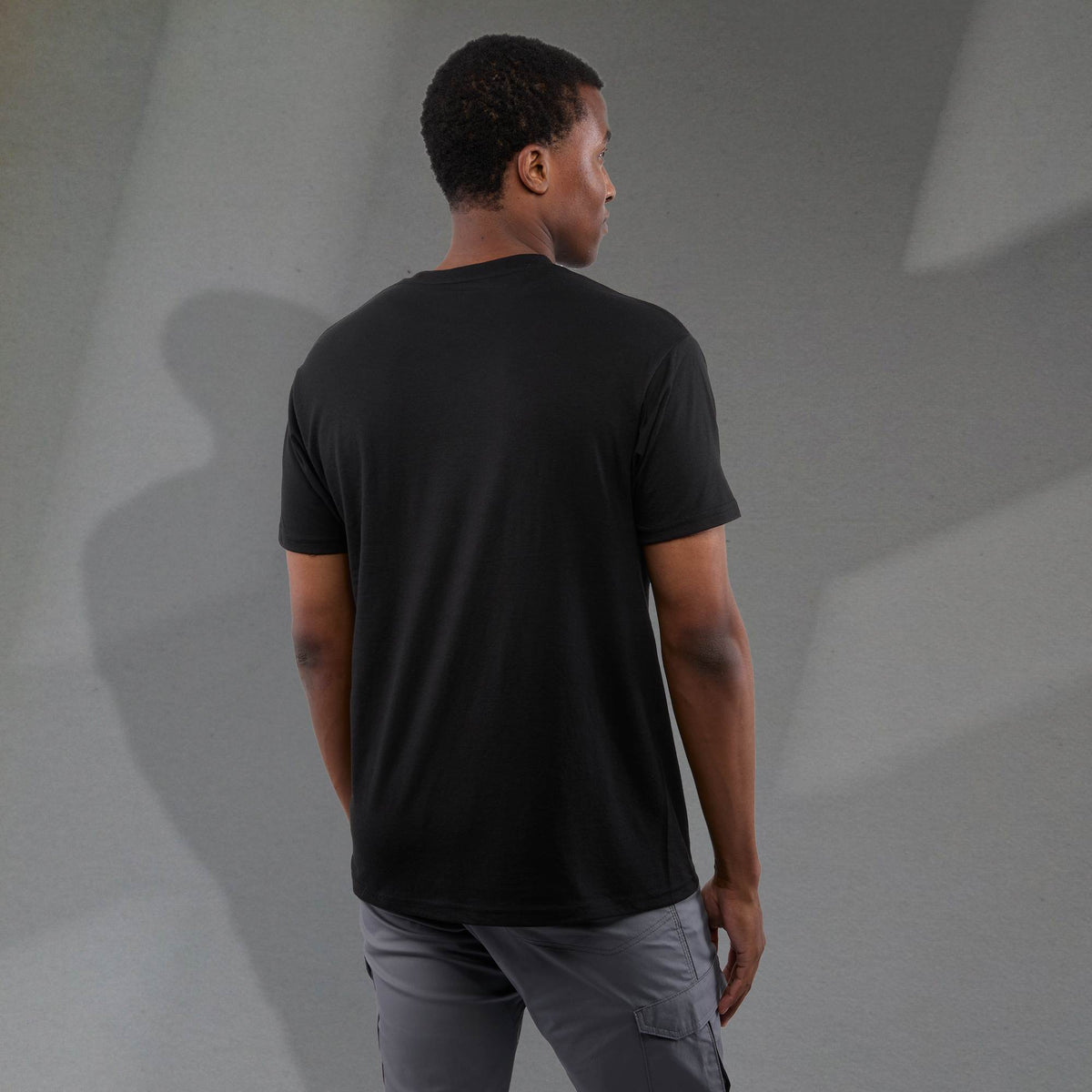Bodie Crew Neck Short Sleeve Tee for Men Transfer - Black - Back On Model