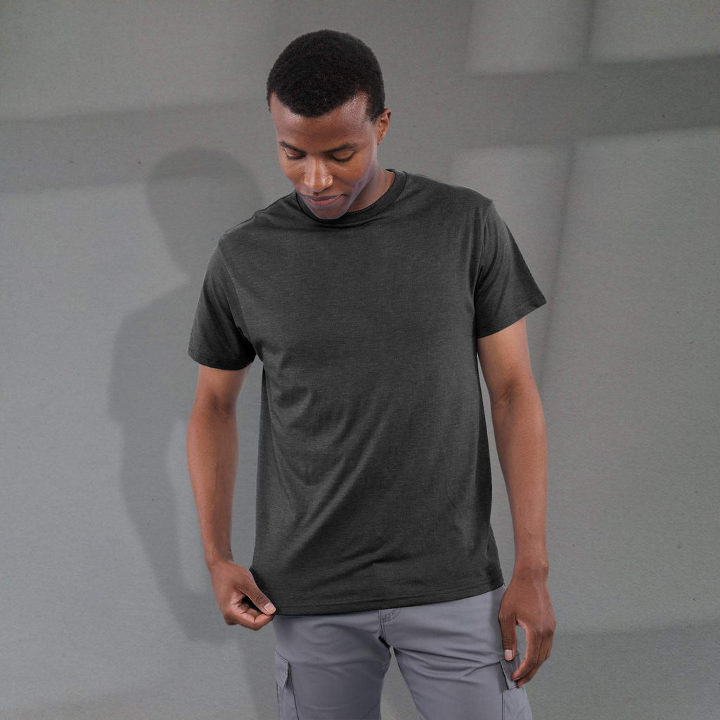 Bodie Crew Neck Short Sleeve Tee for Men Transfer - Heather Dark Charcoal - Front On Model