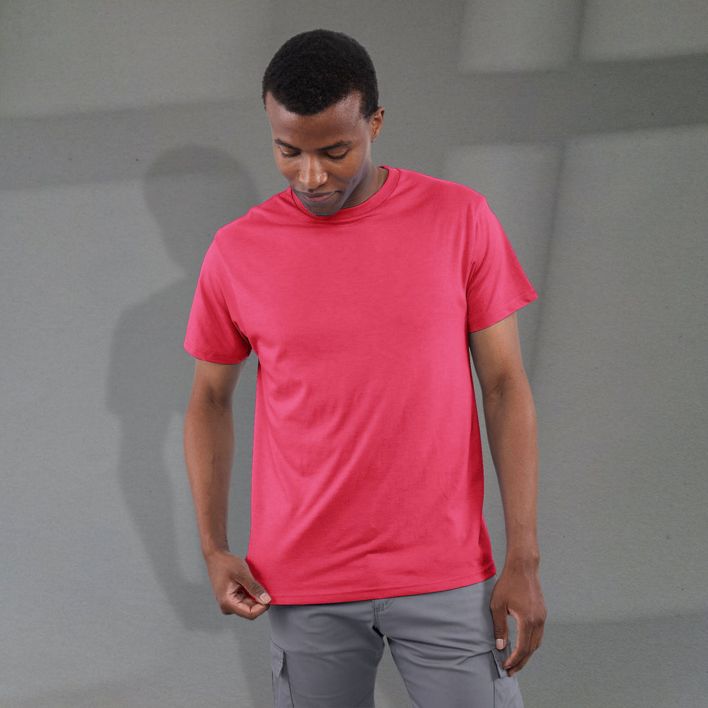 Bodie Crew Neck Short Sleeve Tee for Men Transfer - Magenta Heather - Front On Model