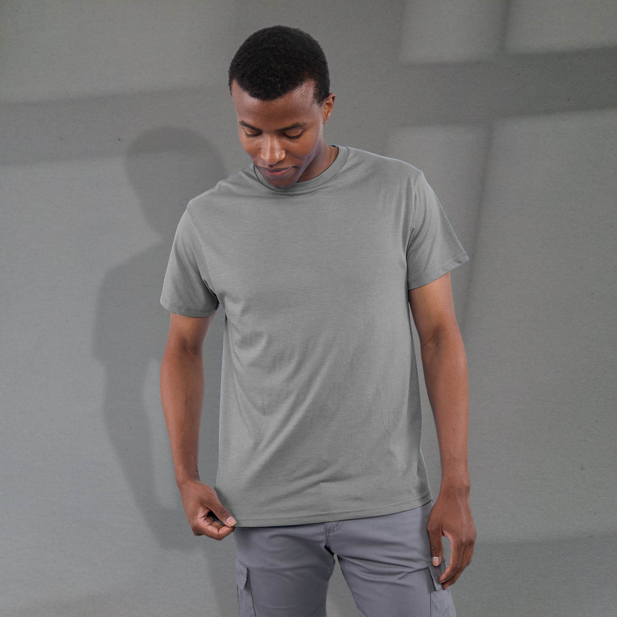 Bodie Crew Neck Short Sleeve Tee for Men Transfer - Medium Heather Grey - Front On Model