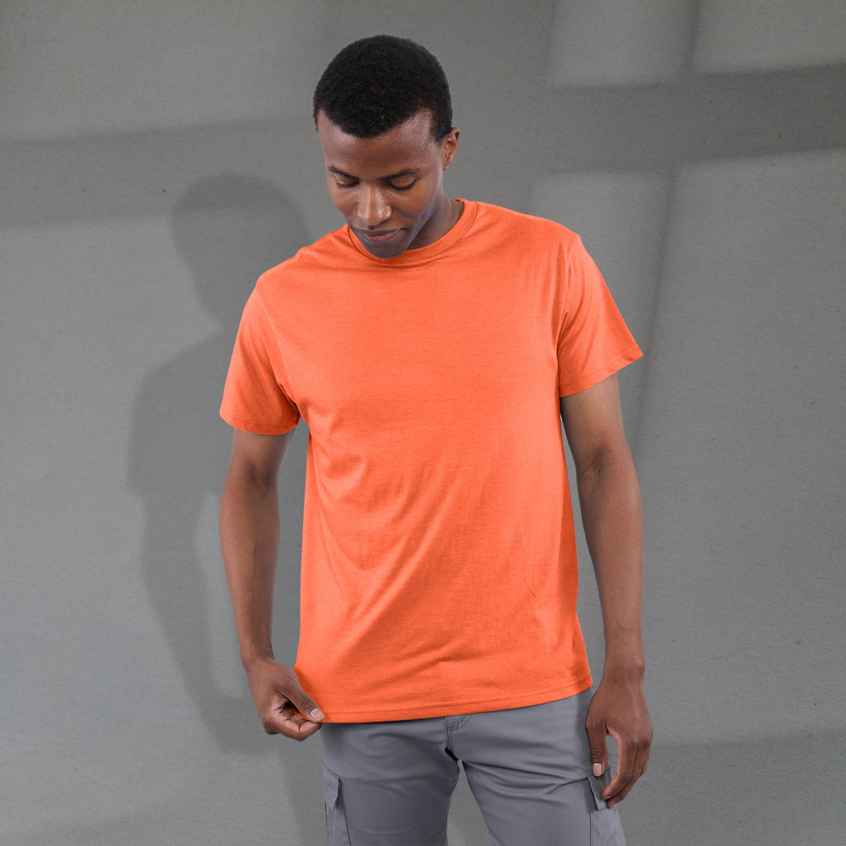 Bodie Crew Neck Short Sleeve Tee for Men Transfer - Orange Heather - Front On Model