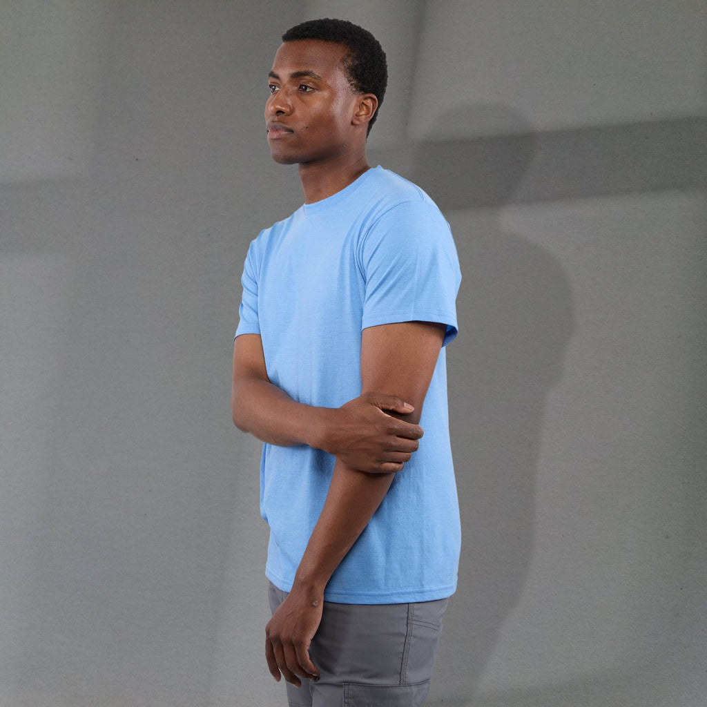 Bodie Crew Neck Short Sleeve Tee for Men Transfer - Sky Heather - Left Side On Model