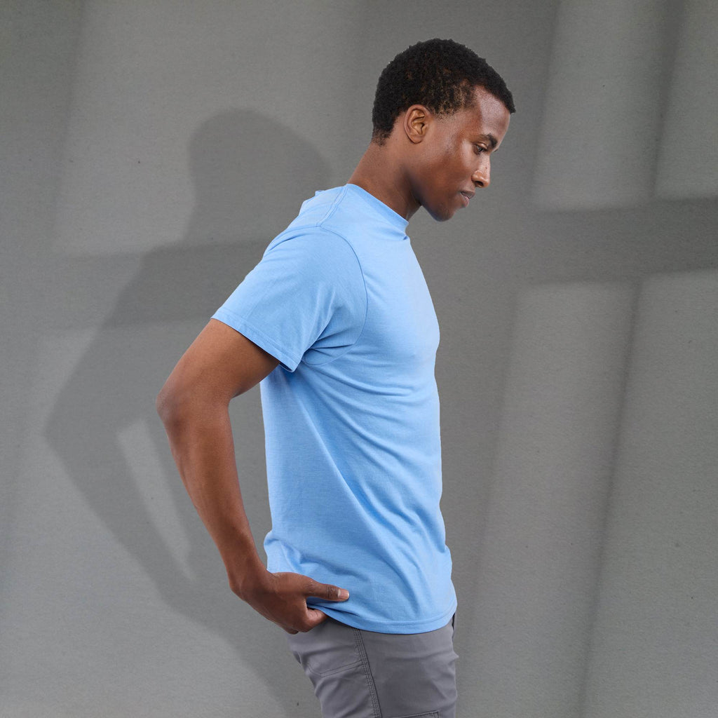 Bodie Crew Neck Short Sleeve Tee for Men Transfer - Sky Heather - Right Side On Model