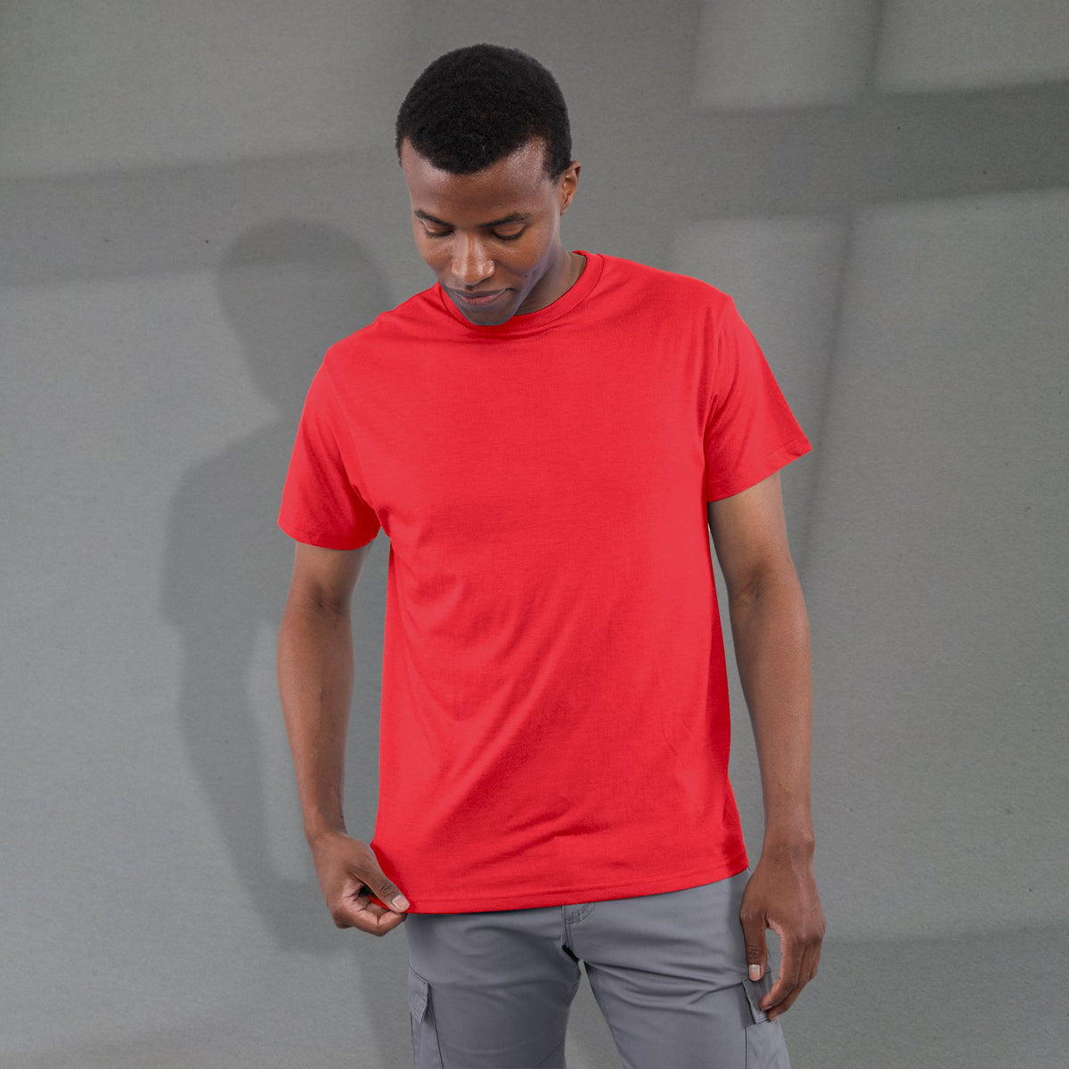Bodie Crew Neck Short Sleeve Tee for Men Transfer - Team Red Heather - Front On Model