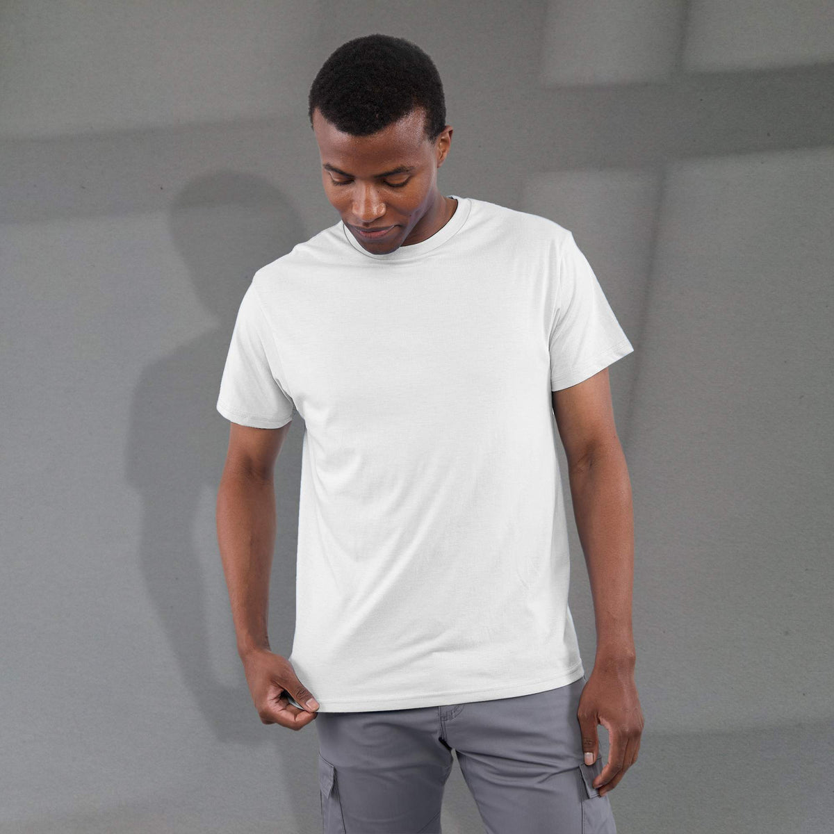 Bodie Crew Neck Short Sleeve Tee for Men Transfer - White - Front On Model