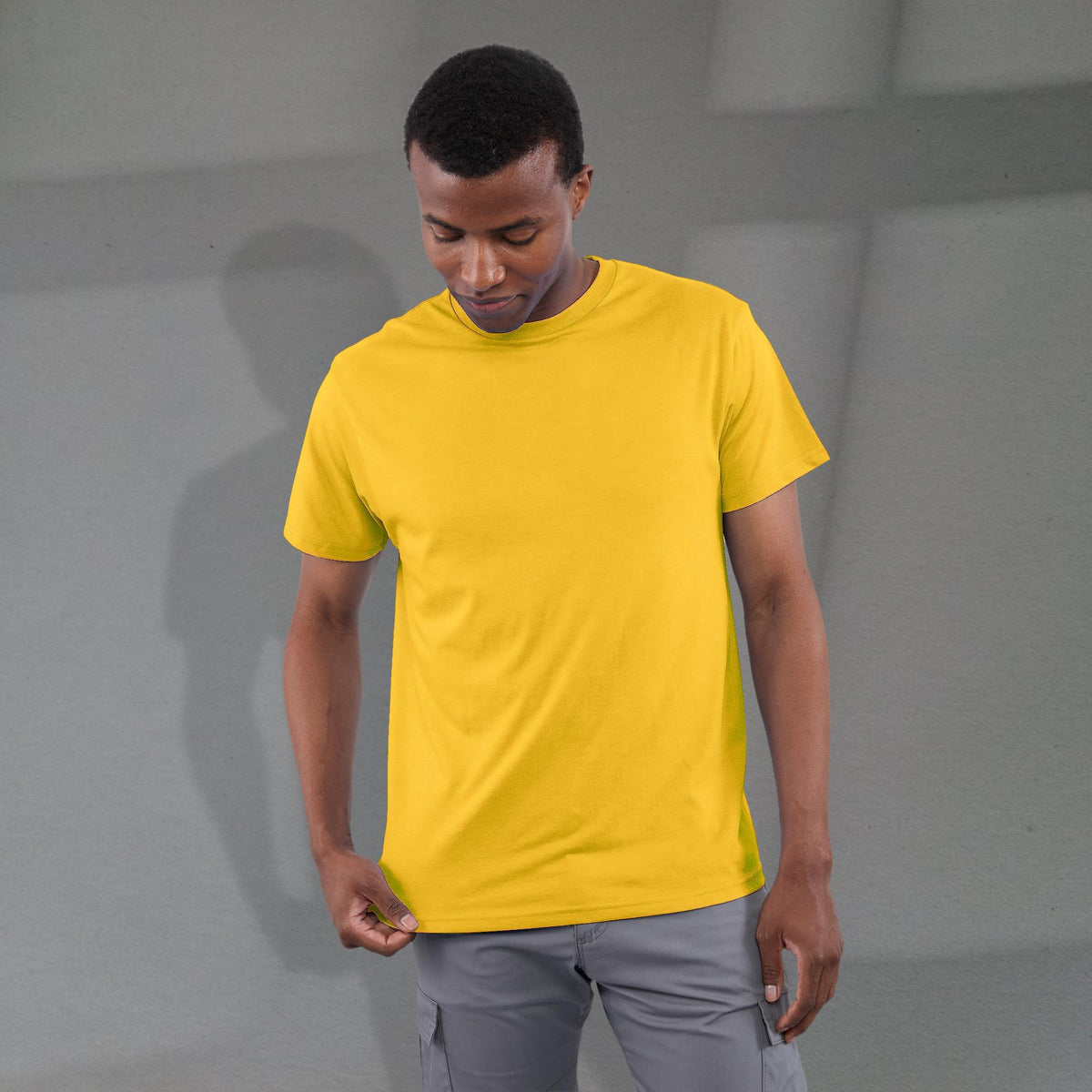Bodie Crew Neck Short Sleeve Tee for Men Transfer - Yellow Heather - Front On Model