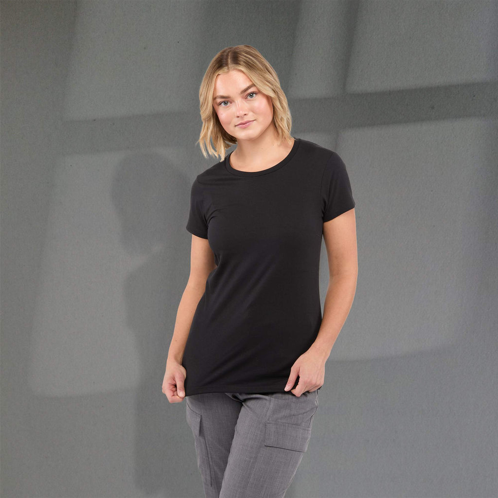 Bodie Crew Neck Tee with Chainstitch Collar for Women Transfer - Black - Front On Model