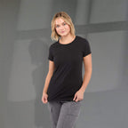 Bodie Crew Neck Tee with Chainstitch Collar for Women Transfer - Black - Front On Model