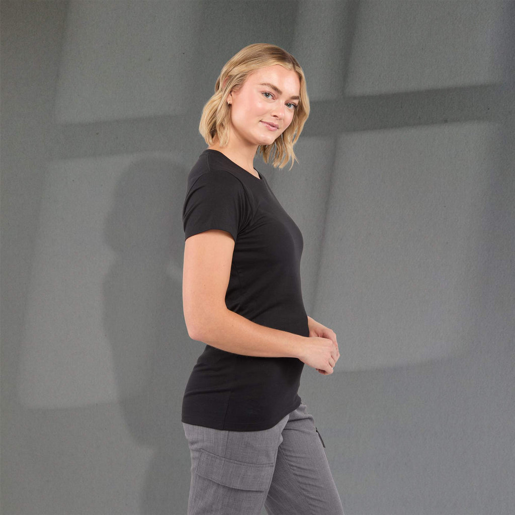 Bodie Crew Neck Tee with Chainstitch Collar for Women Transfer - Black - Right Side On Model