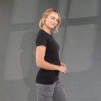 Bodie Crew Neck Tee with Chainstitch Collar for Women Transfer - Black - Right Side On Model