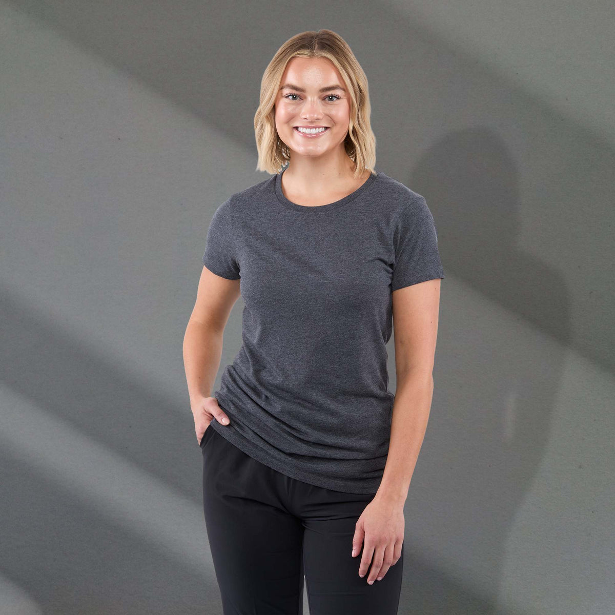 Bodie Crew Neck Tee with Chainstitch Collar for Women Transfer - Heather Dark Charcoal - Front On Model