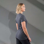 Bodie Crew Neck Tee with Chainstitch Collar for Women Transfer - Heather Dark Charcoal - Right Side On Model