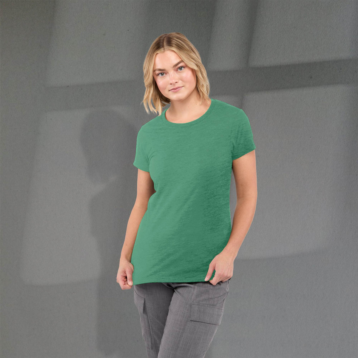Bodie Crew Neck Tee with Chainstitch Collar for Women Transfer - Kelly Heather - Front On Model