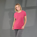 Bodie Crew Neck Tee with Chainstitch Collar for Women Transfer - Magenta Heather - Front On Model