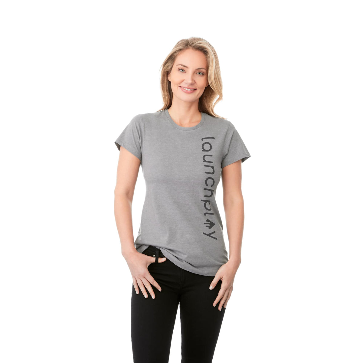 Bodie Crew Neck Tee with Chainstitch Collar for Women Transfer - Medium Heather Grey - Front On Model 2