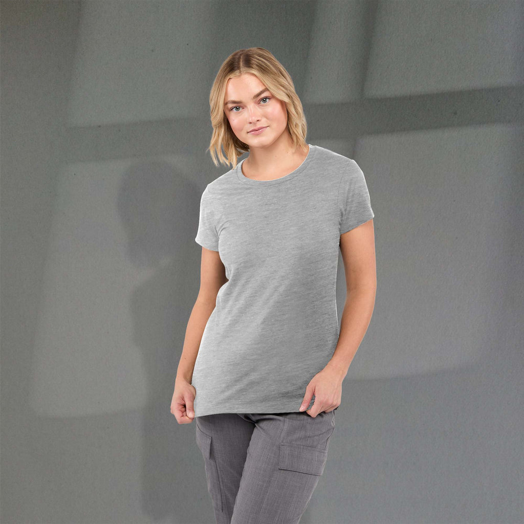 Bodie Crew Neck Tee with Chainstitch Collar for Women Transfer - Medium Heather Grey - Front On Model 3